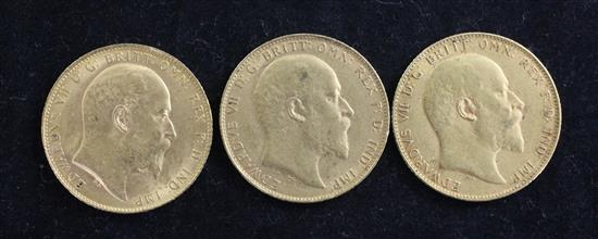 Three Edward VII gold sovereigns,